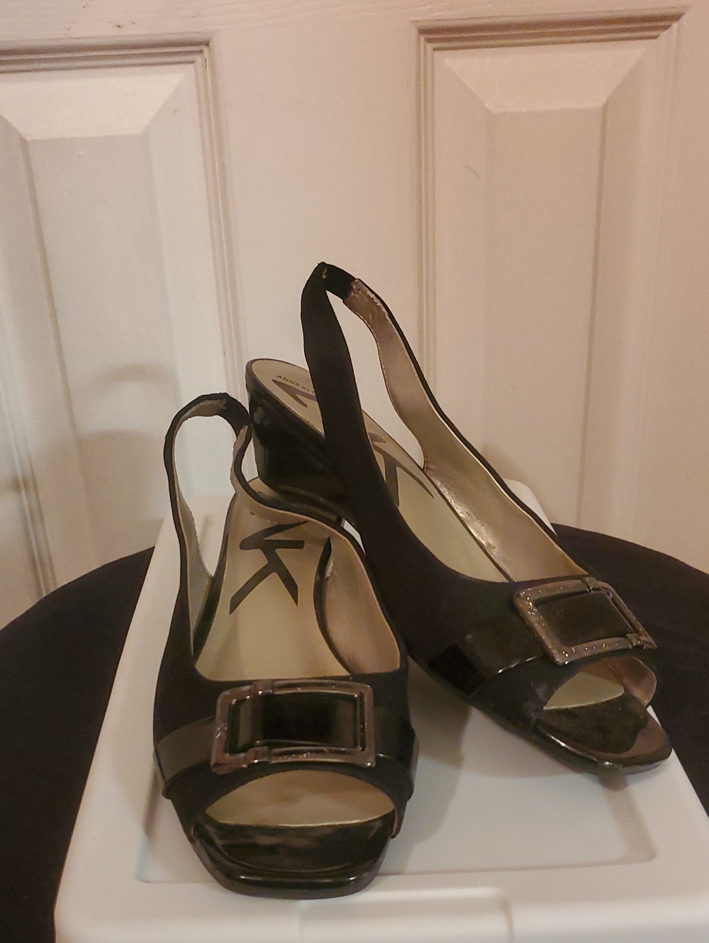 Anne Klein Black Slingback Peep Toe Kitten Heels with Accent Buckle